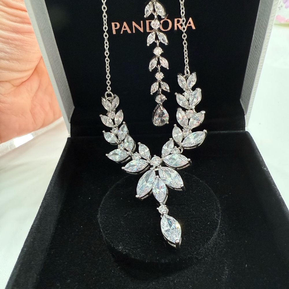 Bridal Silver Necklace & Earrings, with Cubic Zirconia Stones in front and back.